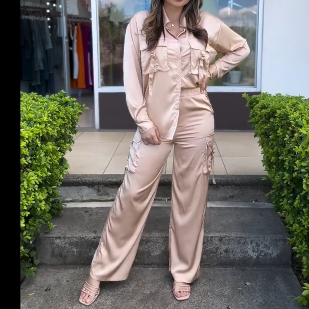 Chic two piece Satin Beige Pant and blouse set size S